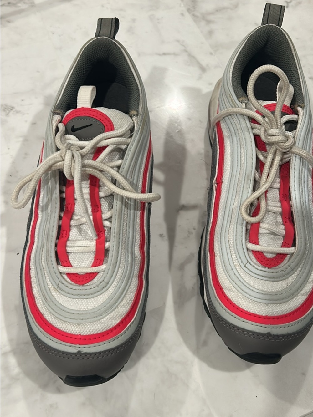Nike Air Max 97 Sneakers in White, Gray & Red Accent